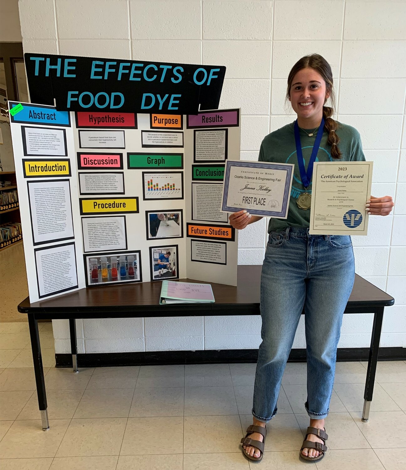 Jenna Kelly earned first place in Behavioral and Social Sciences. Jenna also earned a special award from the American Psychological Association, a special award and cash prize from the Smith Glynn Callaway Foundation and a $1,000 scholarship from Missouri State University.